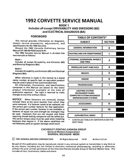 1992 Chevrolet Corvette Factory Service Manual