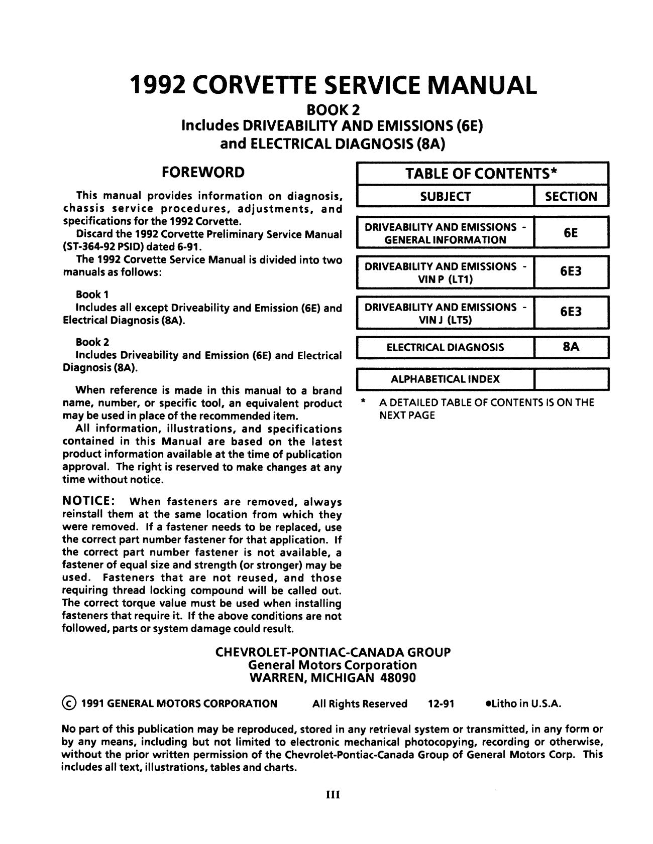 1992 Chevrolet Corvette Factory Service Manual