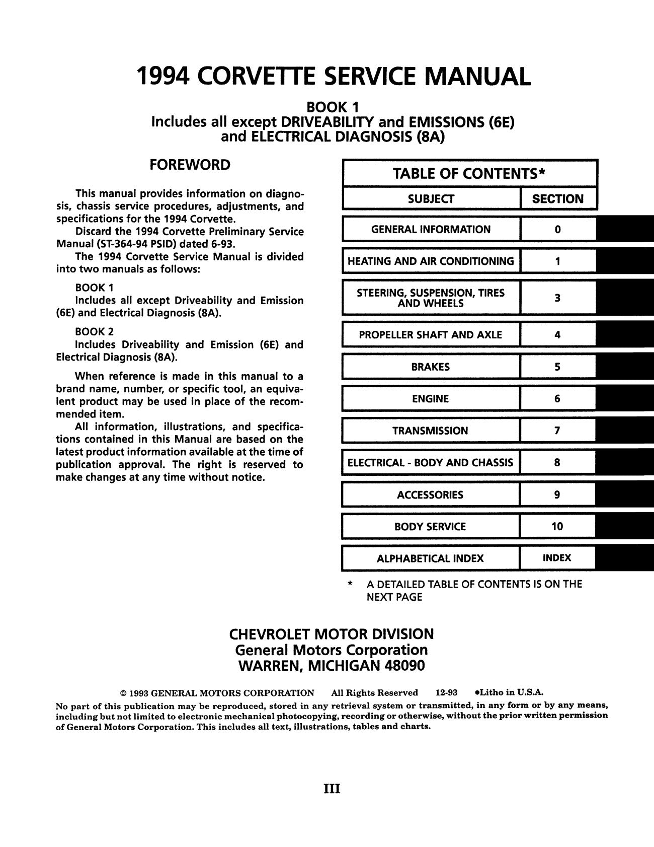 1994 Chevrolet Corvette Factory Service Manual